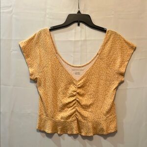 American Eagle Outfitters Yellow white floral print Ruched Crop Blouse USED